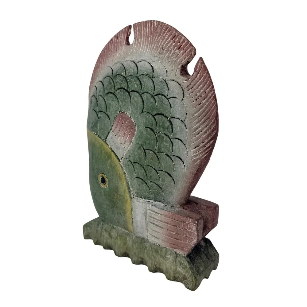 Vintage Large Hand Carved Wooden‎ Fish Sculpture Folk Art Nautical Decor